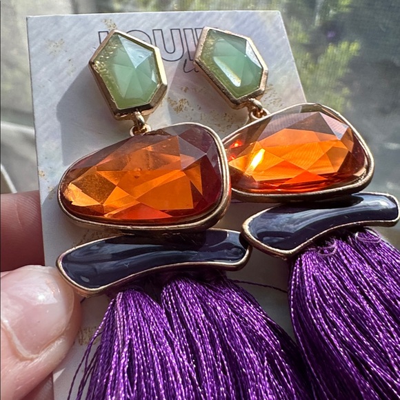 Purple and Orange Statement Fringe Earrings - Picture 3 of 3